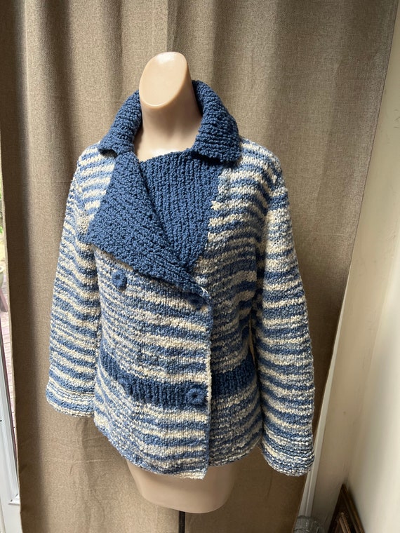 Vintage blue beige handmade double breasted sweat… - image 10