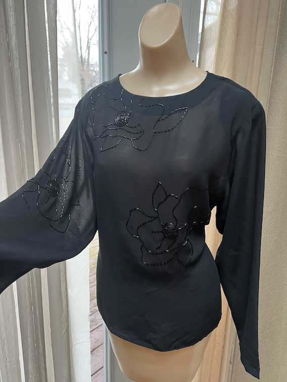 Vintage sheer black bugle beaded evening blouse S… - image 10