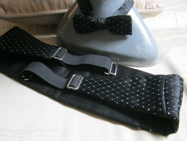 black formal cumberband bow tie with tiny silver detail UNISEX Vintage adjustable black satiny bow tie cumberband set