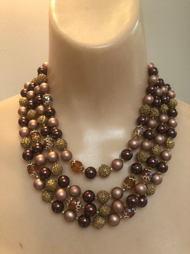 retro brown copper beads multi strand autumn colors bead necklace cluster earrings Vintage 4 strand coppery plum mauve cascading necklace
