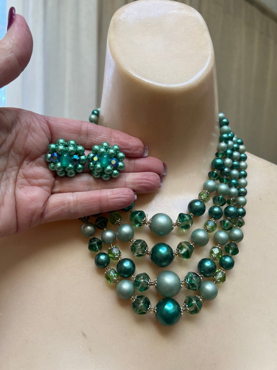 Vintage Multi Strand Green Beads Necklace, Green Shades Multi 