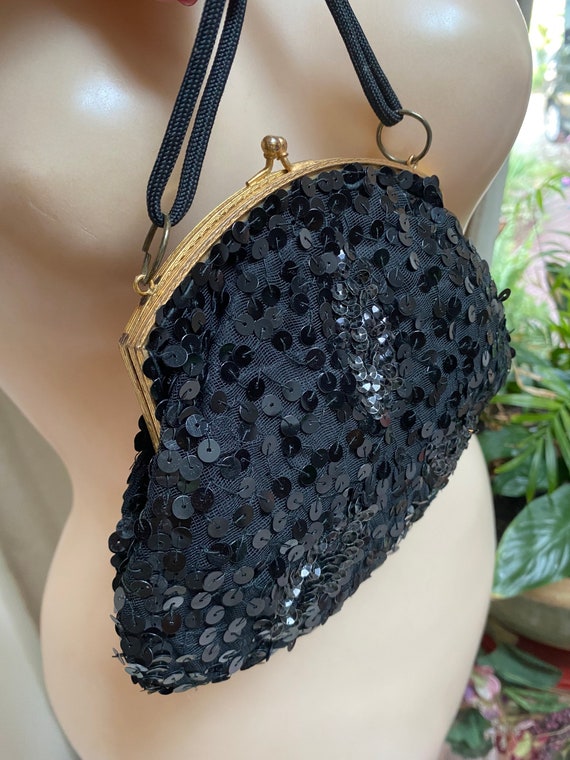 Vintage black sequins fabric pouch bag, etched fr… - image 3