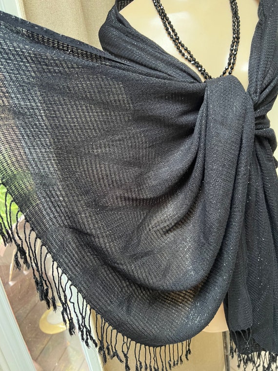 Vintage black woven oversized shawl wrap, tiny gl… - image 8