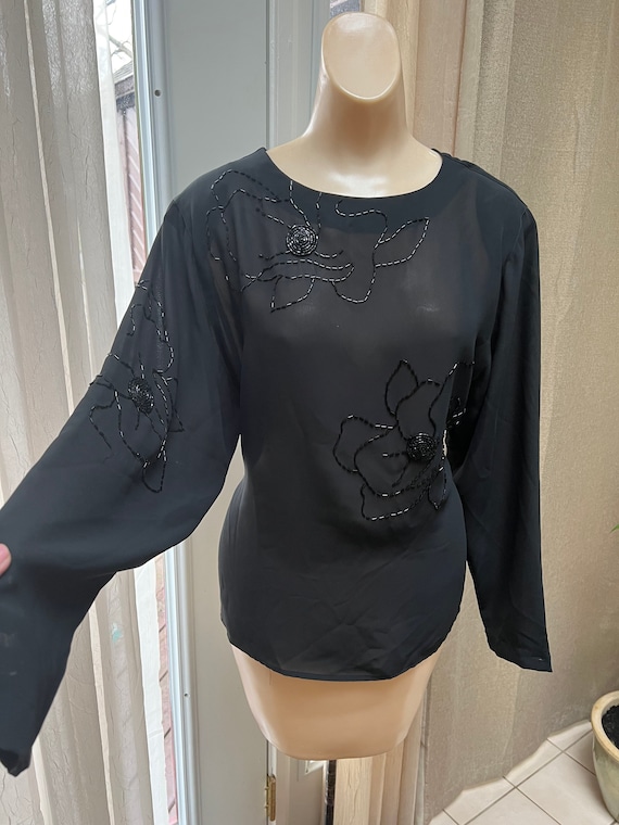Vintage sheer black bugle beaded evening blouse S… - image 1