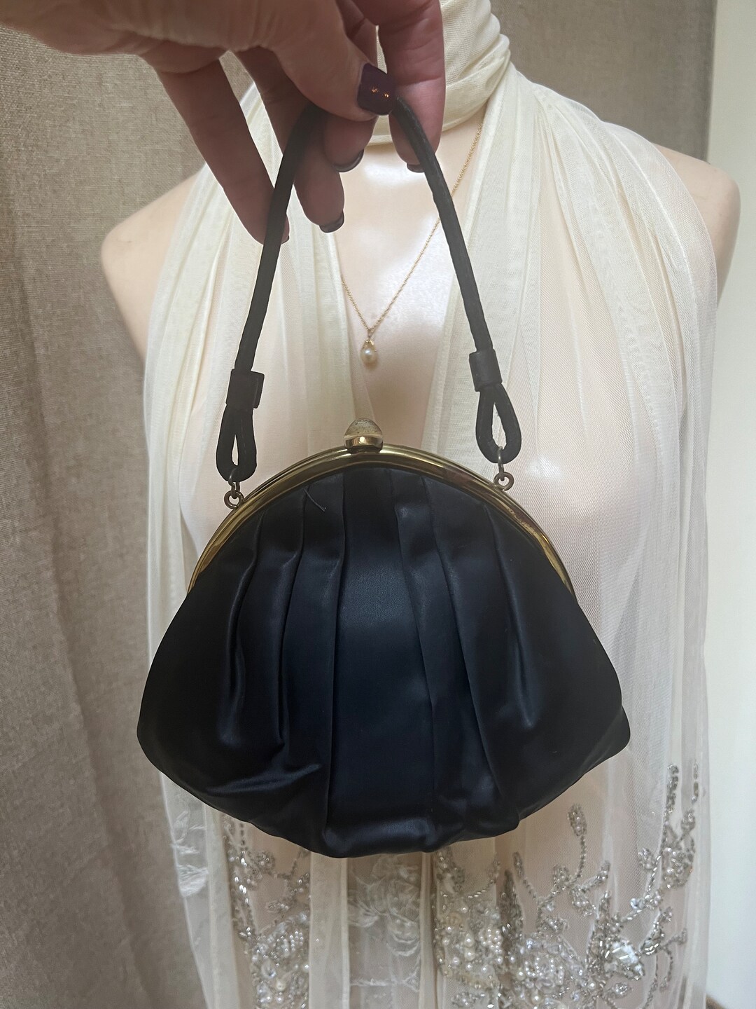 Vintage Small Harry. Levine USA Black Fabric Pouchy Bag, Black Small