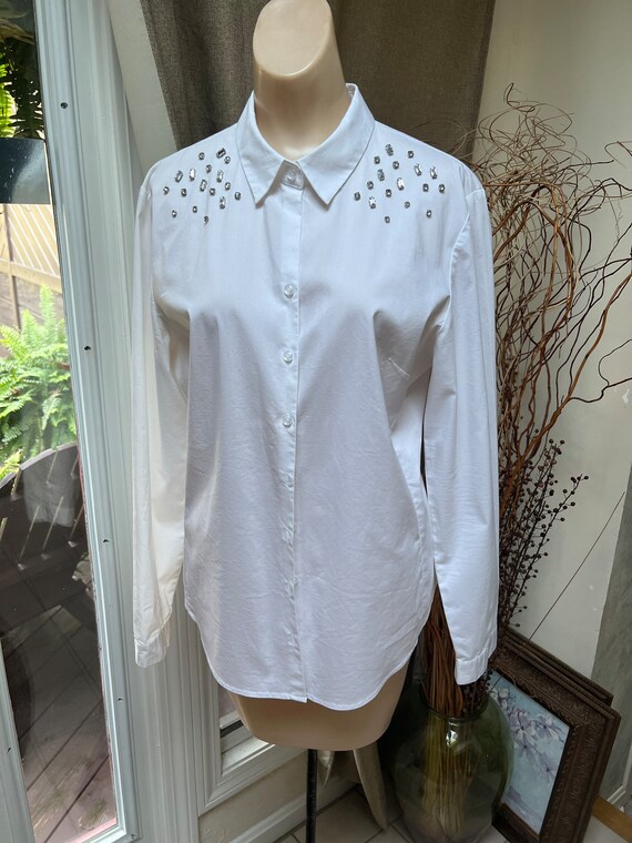 Vintage white cotton blend jeweled blouse S/M, wh… - image 6