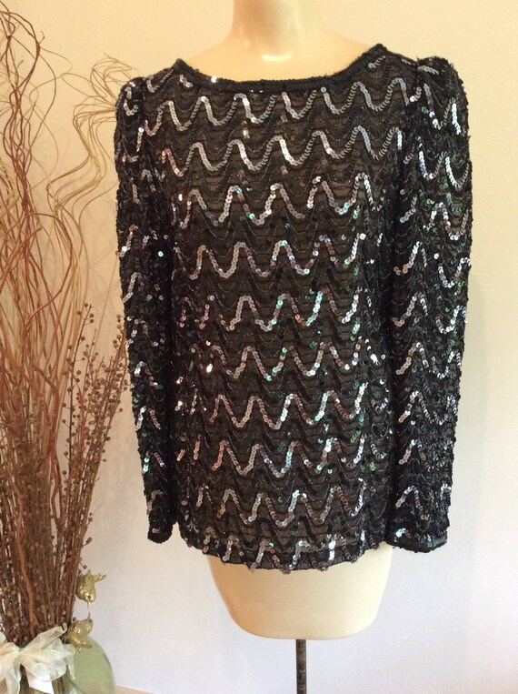 Vintage black silver sequined evening blouse, dis… - image 5