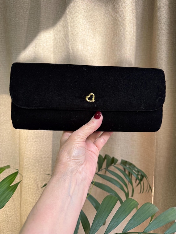Vintage Victoria's Secret black velvet clutch bag, black velvet dressy purse, VS black prom purse, oversized velvet evening clutch purse,
