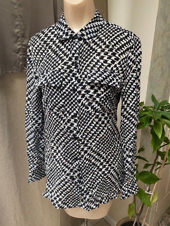 Vintage black white checked silk long sleeve blou… - image 2