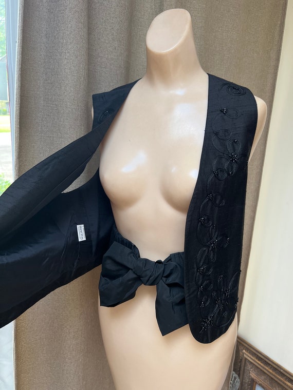 Vintage black shantung silk beaded open front ves… - image 3