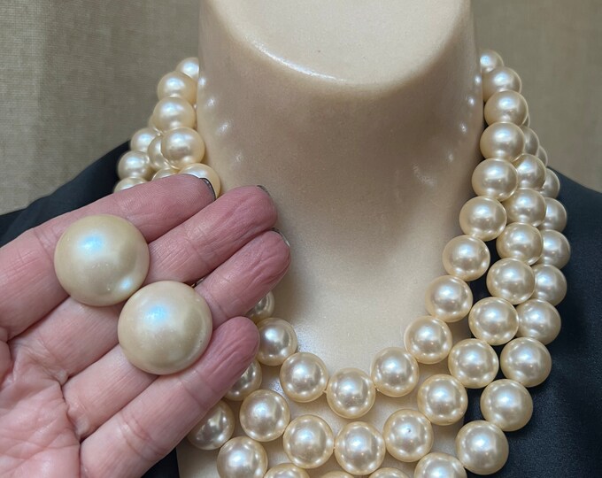 Vintage Triple Strand Big Faux Pearl Necklace Earrings Set, 3 Strand