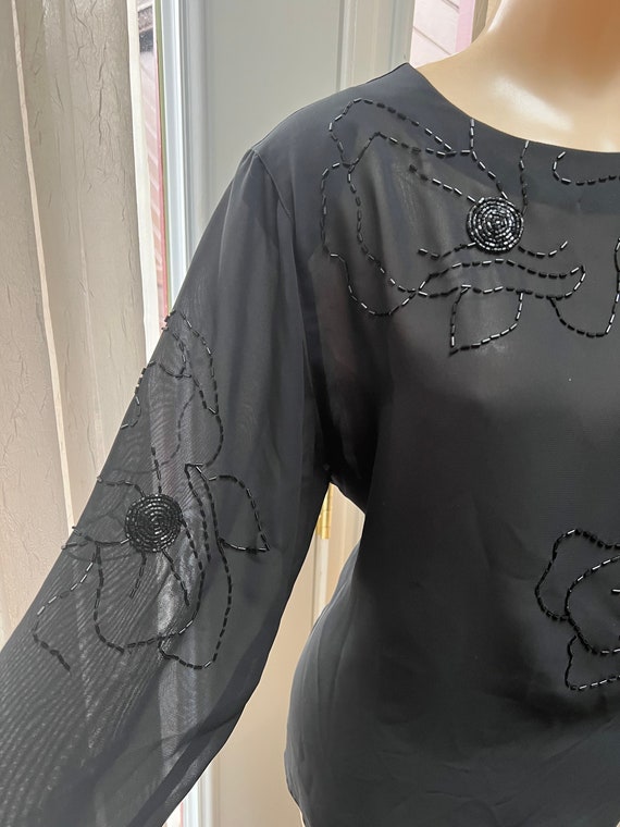 Vintage sheer black bugle beaded evening blouse S… - image 2