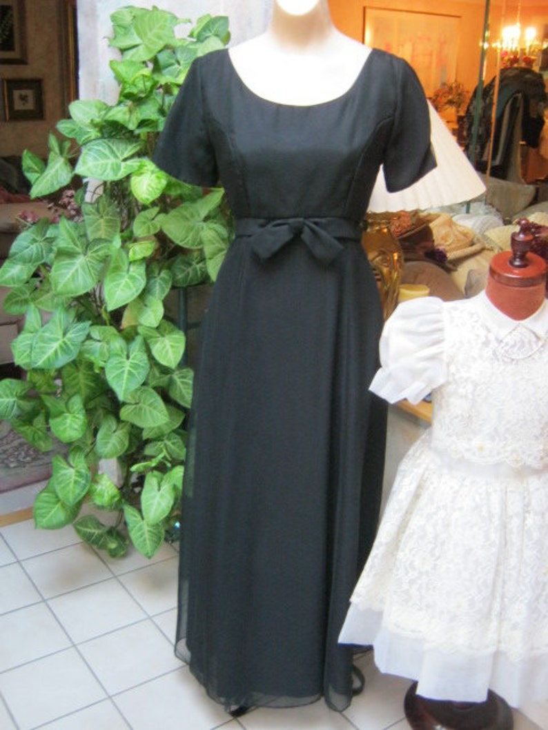empire waist button back black gown classic black gown size S made USA Vintage midcentury black evening dress
