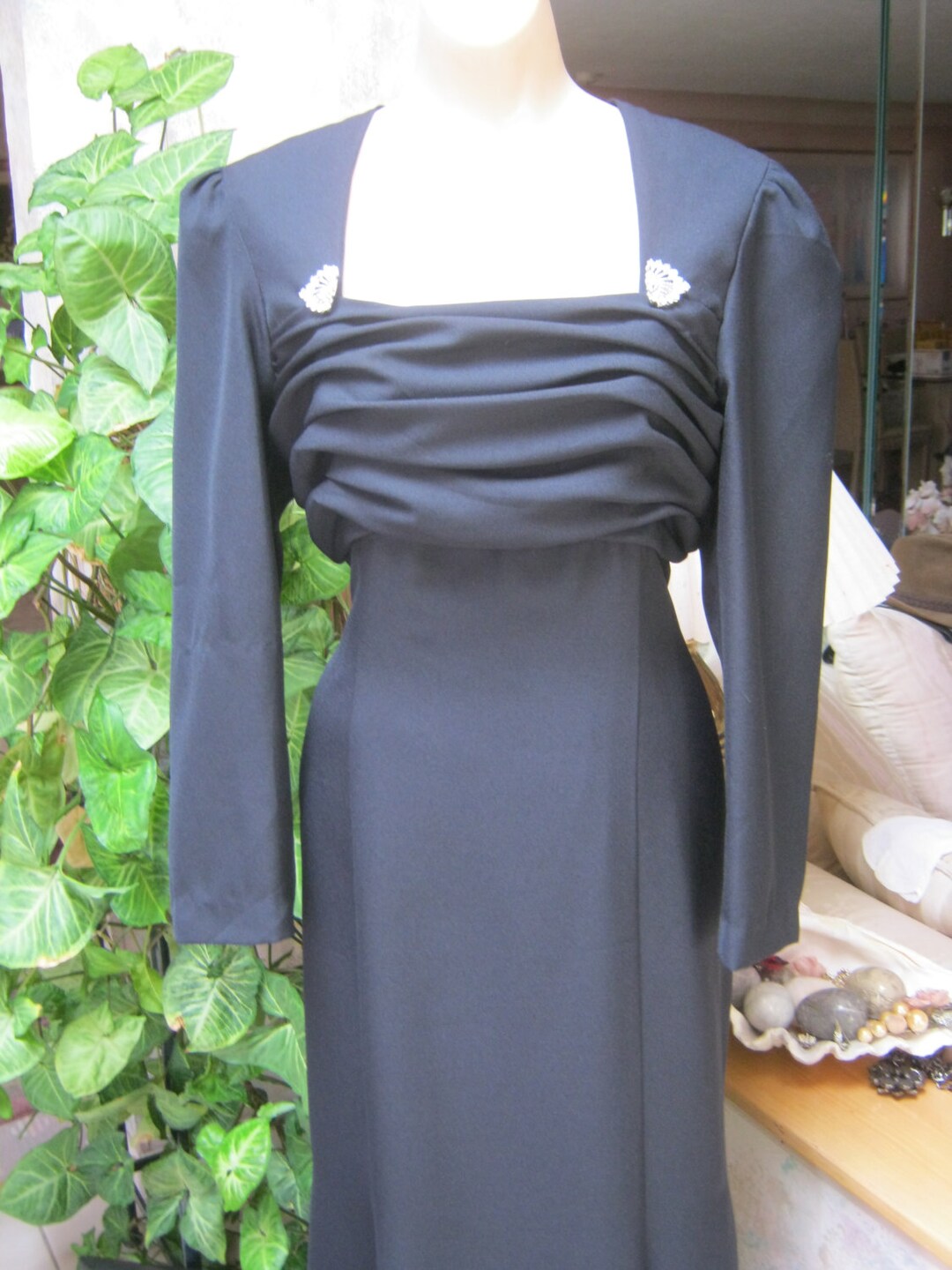 Vintage Black Ruched Long-Sleeve Evening Dress - M main image 1