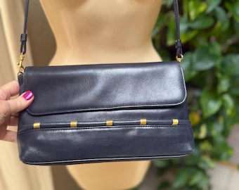 Vintage navy blue leather shoulder bag, navy blue leather clutch/shoulder bag, navy blue leather PARADOX preppy purse, navy occasion handbag