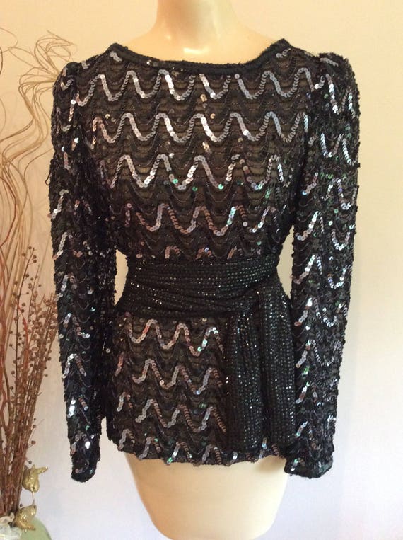 Vintage black silver sequined evening blouse, dis… - image 8