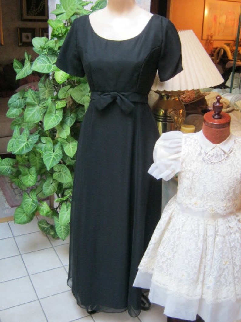 empire waist button back black gown classic black gown size S made USA Vintage midcentury black evening dress