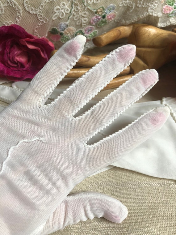 Vintage ivory semi sheer nylon bride's gloves, tu… - image 2