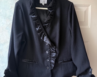 Vintage black ruffled dressy blazer jacket XL, Louis dell'Olio satin black ruffled blazer XL, Linea black evening jacket XL
