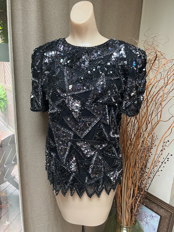 Vintage black silk AB sequins evening top S, black