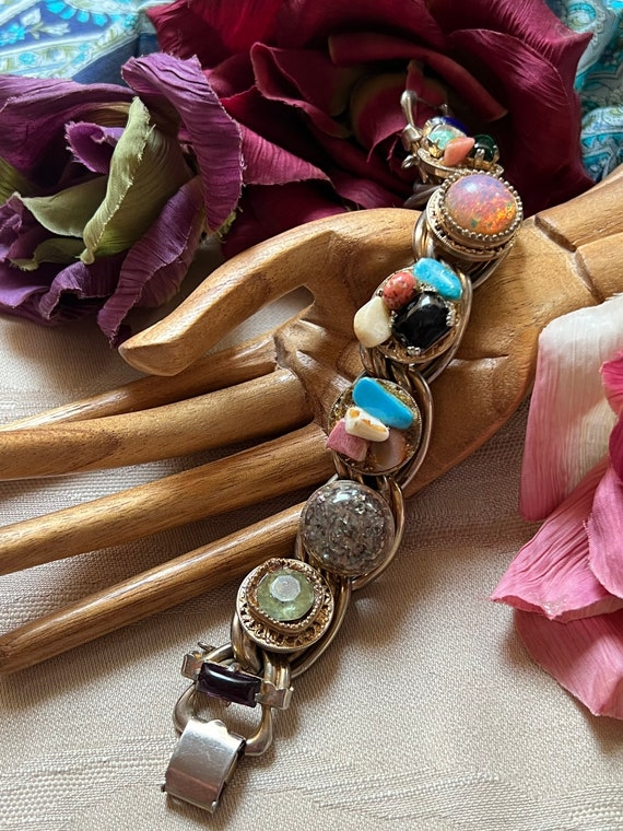 Vintage bold boho multi stones big links bracelet… - image 10