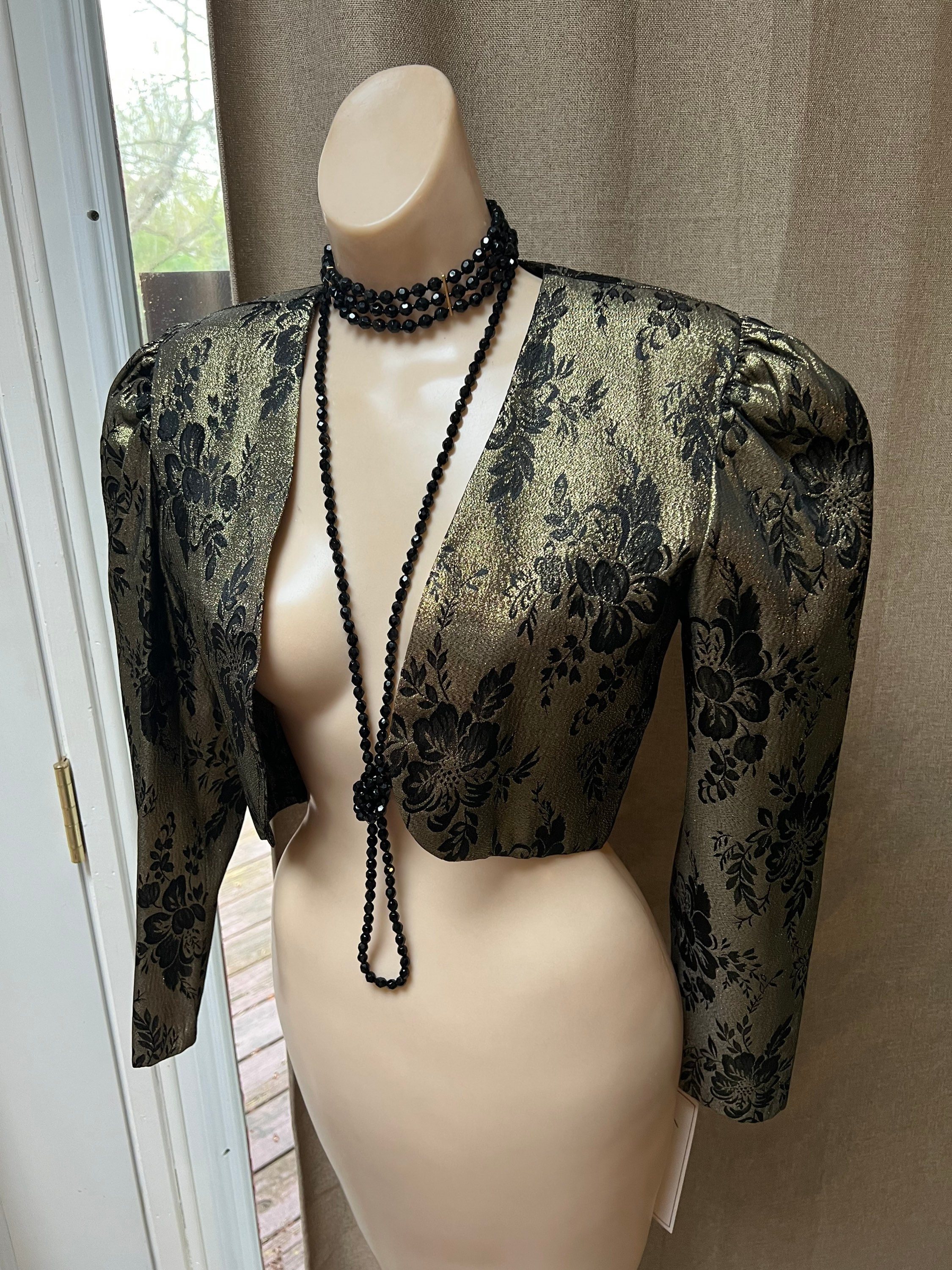 Vintage Black Gold Bolero Jacket S/M, Gold Metallic Black Floral