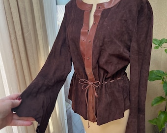 Vintage boho brown suede leather combo light jacket S/M, bell sleeve brown suede jacket blouse S/M, casual suede blouse jacket S/M