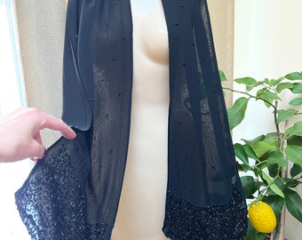 Vintage narrow sheer black beaded evening scarf, 64 x12" black narrow sheer wrap, bugle beaded trimmed black formal scarf