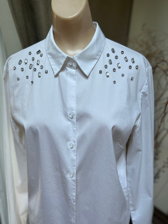 Vintage white cotton blend jeweled blouse S/M, wh… - image 2