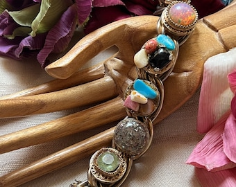 Vintage bold boho multi stones big links bracelet 7 1/4", big links multi media statement bracelet, big boho links stones bracelet