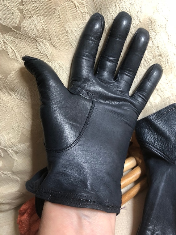 Vintage ink blue leather gloves sz 6 1/2, navy bl… - image 5