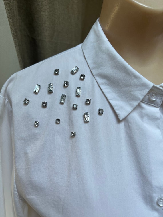 Vintage white cotton blend jeweled blouse S/M, wh… - image 3