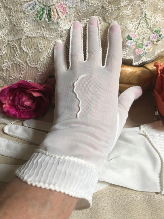 Vintage ivory semi sheer nylon bride's gloves, tu… - image 1