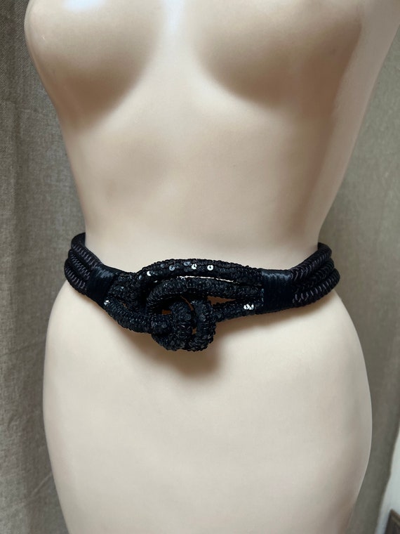 Vintage black sequined knotted fiber dressy belt,… - image 1