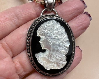 Vintage large oval carved mother of pearl sterling cameo pendant, sterling silver black white MOP carved cameo pendant, black sterling