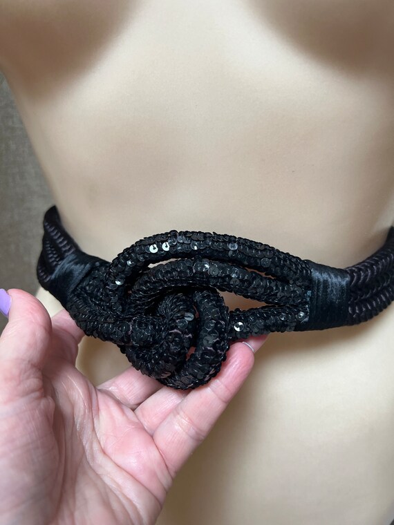 Vintage black sequined knotted fiber dressy belt,… - image 2