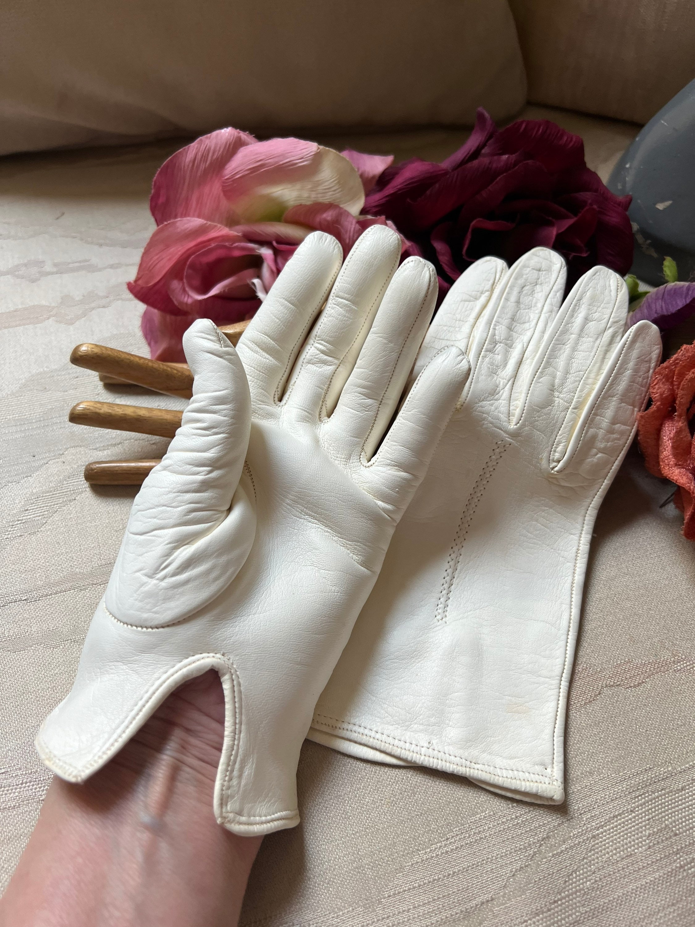 Paire De Gants Femme Cuir Crème Vintage Années 1920 - Taille XS - Originaux