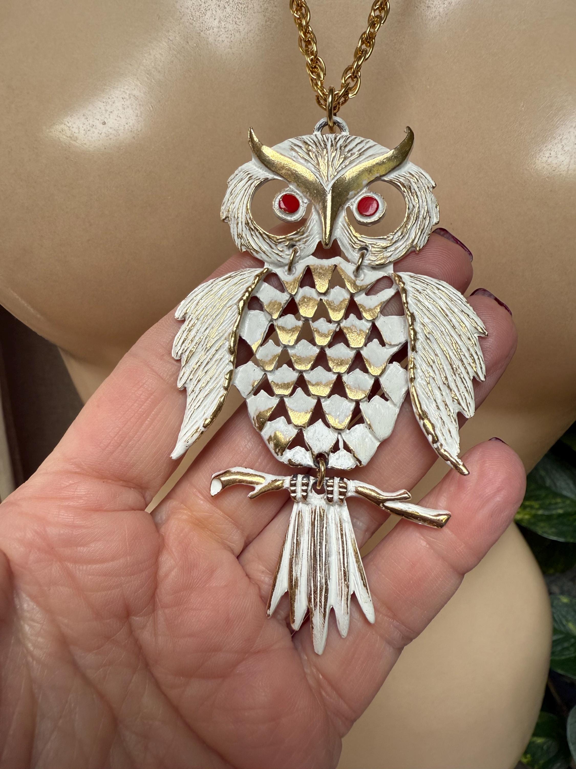 Vintage articulated white/gold owl pendant necklace, whimsical white own pendant necklace, white gol