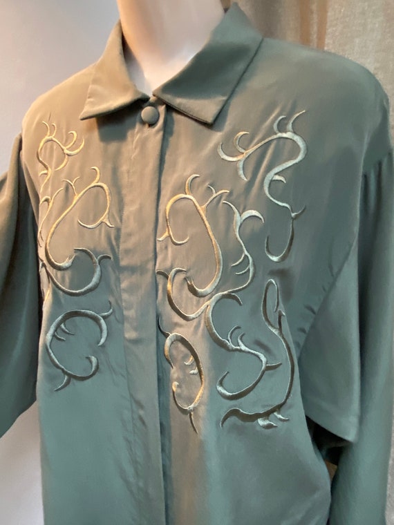 Vintage dusty olive green silk blouse sz 10, anti… - image 3