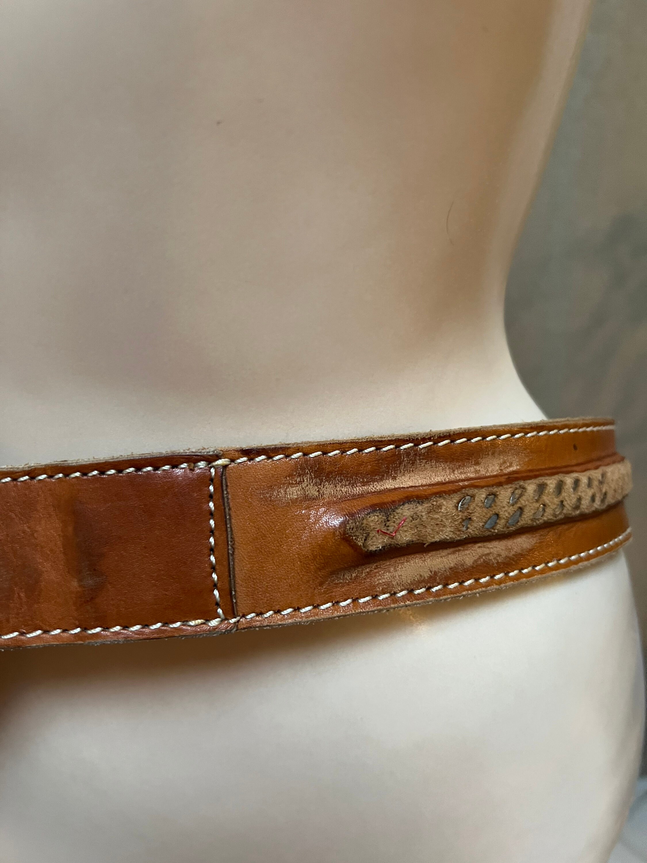 Vintage Heavy Duty British Tan Leather Fossil Belt 34-38  display picture 1