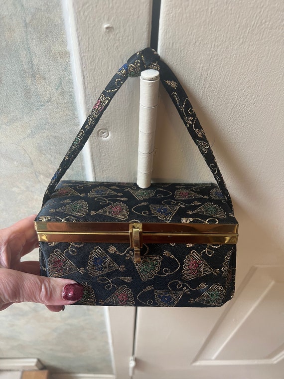 Vintage boxy Oriental fans pattern boxy handbag, … - image 2