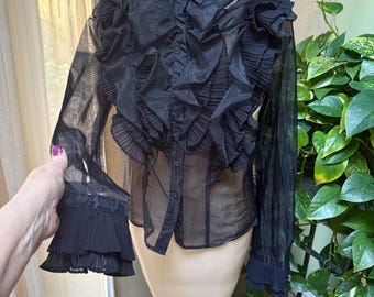 Vintage sheer black ruffled blouse S, lavishly ruffled neck cuffs sheer blouse S, sexy sheer black ruffled blouse S, curly pleated ruffles