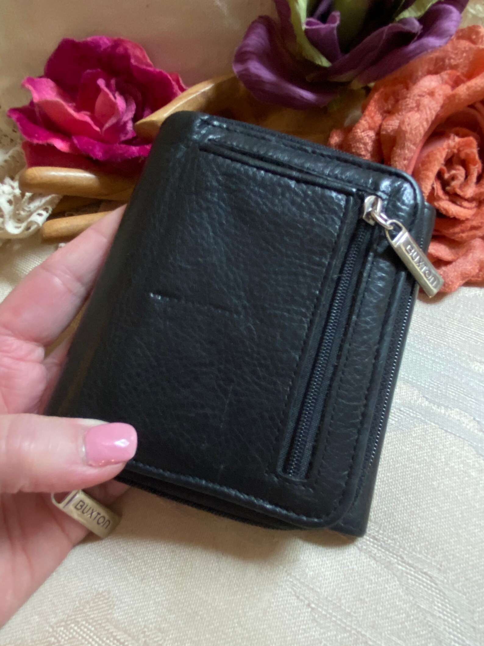 Vintage black leather folding clutch coin purse Buxton black | Etsy