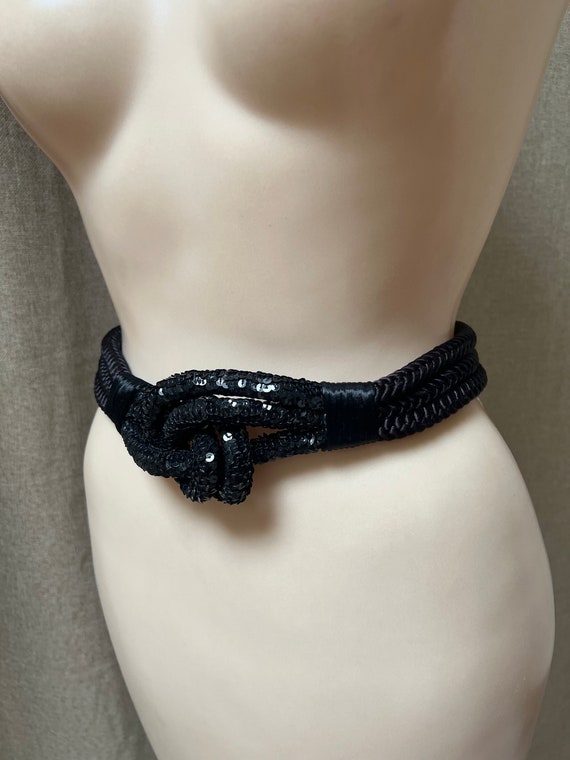 Vintage black sequined knotted fiber dressy belt,… - image 8