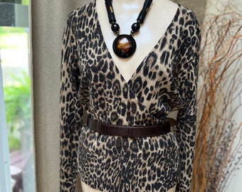 Vintage Carole Little leopard print cross over sweater M/L, animal print lambswool/angora sweater M/L, brown black print pullover sweater L