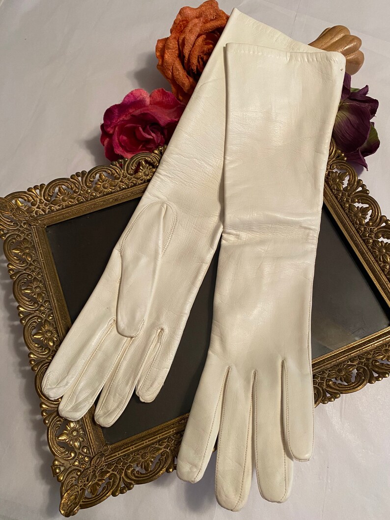 Vintage cream beige leather elbow high gloves 7 never worn Etsy