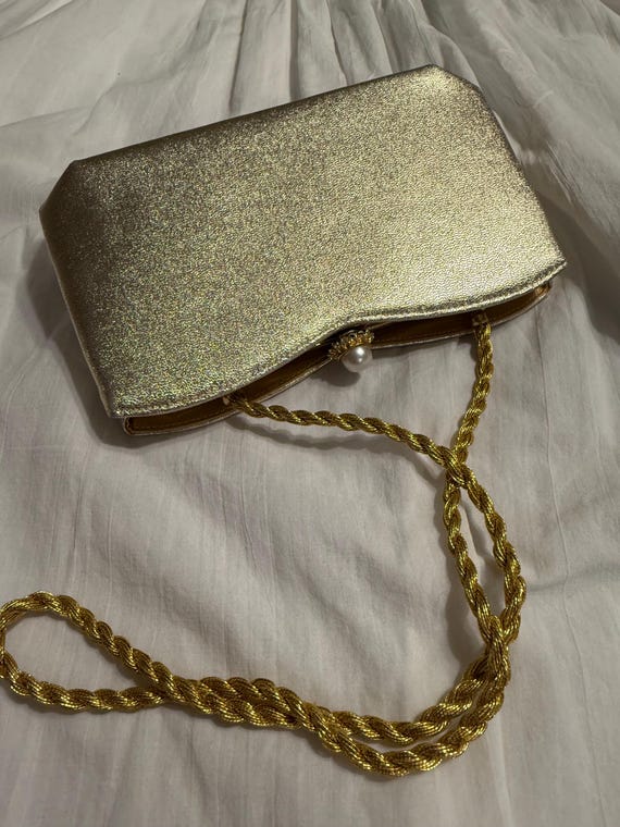 Vintage gold lame' leather After Five shoulder bag, dressy gold lame brides purse, gold lame' leather braided gold strap purse, gold handbag