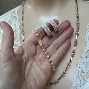 Vintage set of 3 faux pearl jewelry, 22&quot; tiny pearls necklace, tiny pearls hoop earrings, tiny pearls bracelet, 3 piece faux pearls set