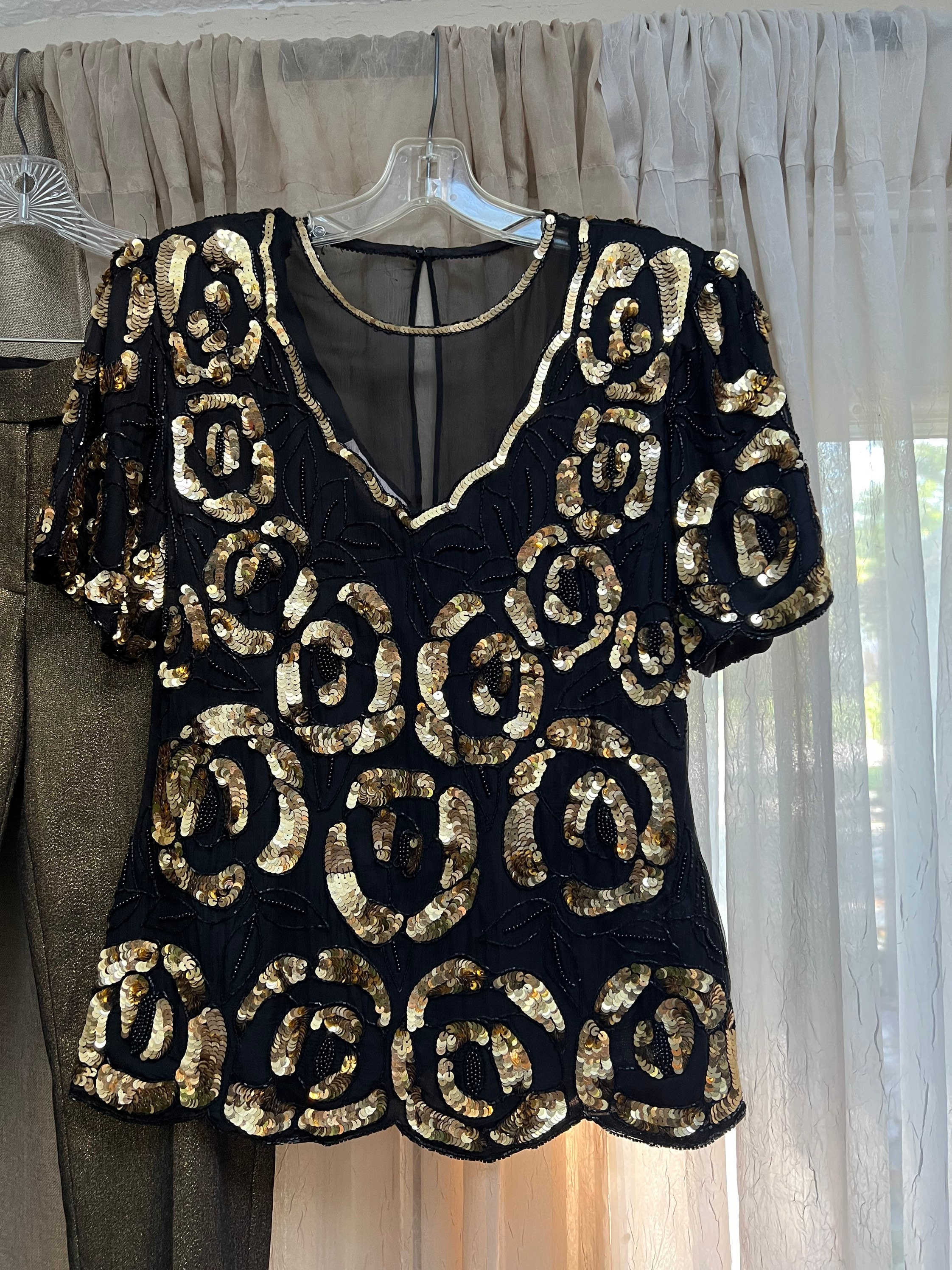 トップス vintage black gold sheer highneck blouse il_fullxfull.4182087166_h0ts.jpg