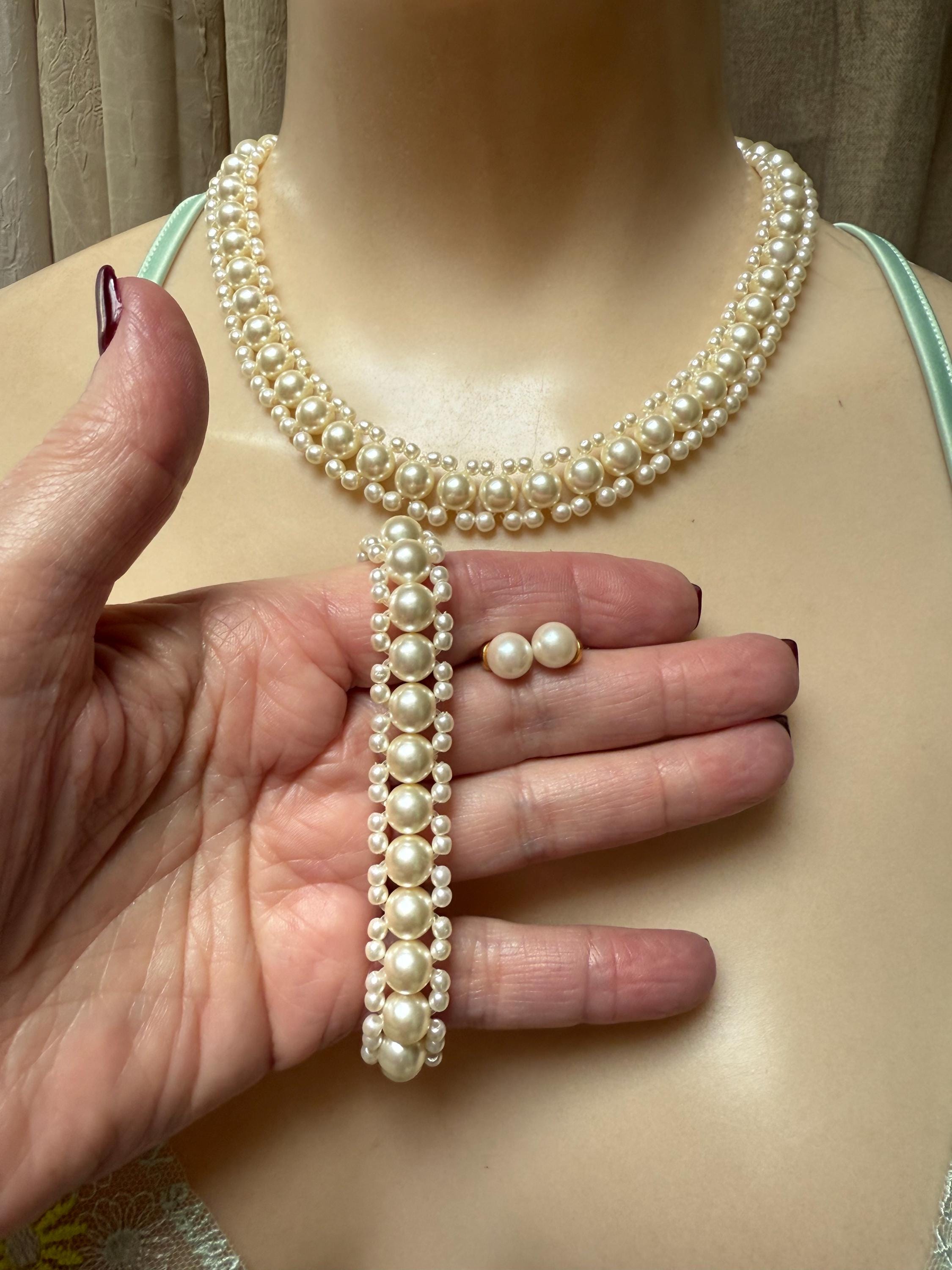 Vintage 3 piece faux pearl necklace set, prom pearls set, faux pearl necklace/bracelet/earrings set, wedding faux pearls, bride's faux pearl